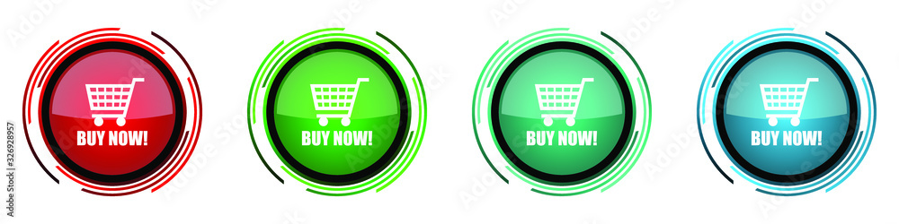Poster buy now round glossy vector icons, set of buttons for webdesign, internet and mobile phone applicati