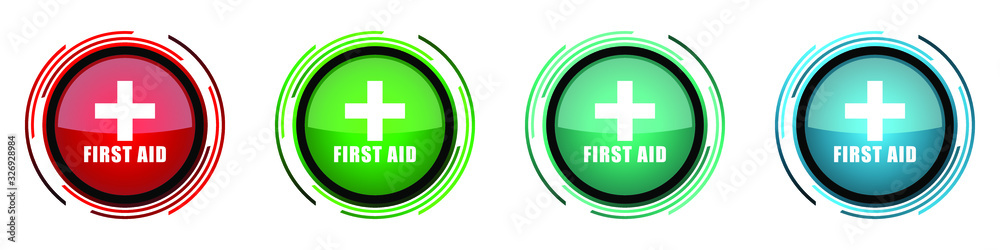 Aufkleber first aid round glossy vector icons, set of buttons for webdesign, internet and mobile phone applica