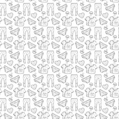 Seamless pattern with newborn clothes. Black and white linear sketch of a plowed shirt, pantyhose, panties, nipples and hearts on a white background for the design of packaging, textiles, postcards