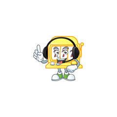 Sweet golden slot machine cartoon character design speaking on a headphone