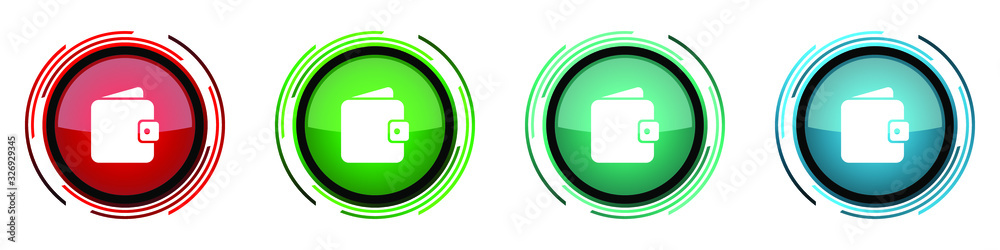 Aufkleber Purse, wallet round glossy vector icons, set of buttons for webdesign, internet and mobile phone applications in four colors options isolated on white background