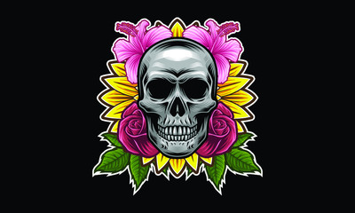 Skull with flowers and leaves vector illustration isolated on black background