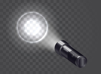 Pocket realistic flashlight illuminates the wall. Vector illustration.