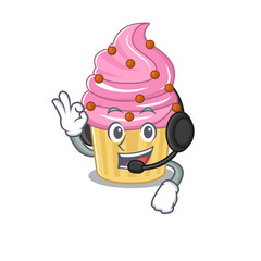 Happy Strawberry cupcake mascot design style wearing headphone