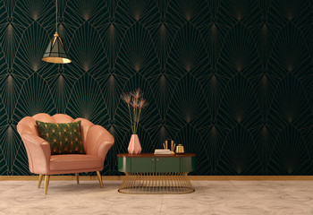Art Deco interior in classic style with pink armchair and lamp.3d rendering.