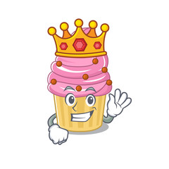 A cartoon mascot design of Strawberry cupcake performed as a King on the stage