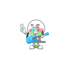 A cartoon character of lottery machine ball playing a guitar