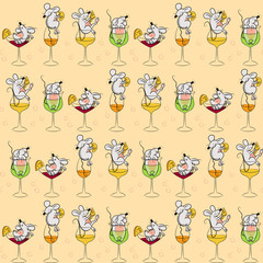Seamless pattern with funny mice floating in glasses, cheese and colorful drinks