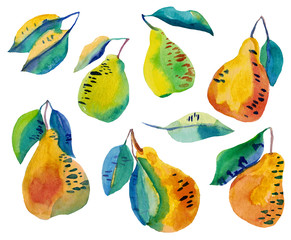 Watercolor set of crazy funny pears with leaves isolated on white. Summer cool fruits in contrast colors green- yellow. Modern illustration. Design for vegeterian goods, covers, textile, packaging. 