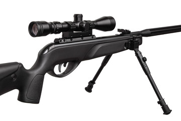 Pneumatic rifle with a telescopic sight. Modern air rifle on a bipod isolate on a white background....