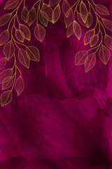 Watercolor burgundy background with golden leaves.