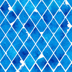 Watercolor doodle seamless pattern. Geometric rhombus ornament in grunge style. Peeling tiles, rugged uneven edges. Straight diagonal lines.