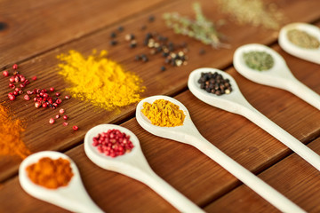 food, culinary and unhealthy eating concept - spoons with different spices on wooden table