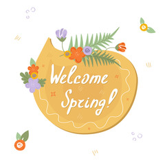 Floral yellow speech bubble Welcome spring. Romantic spring stickers with flowers and leaves. Doodle greeting сards collection