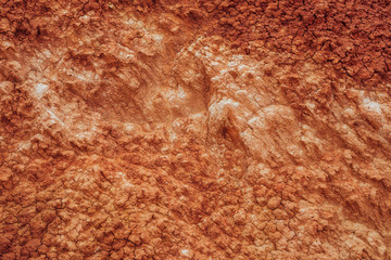 Nature background of cracked dry lands. Natural texture of soil with cracks. Broken clay surface of barren dryland wasteland close-up. Full frame to terrain with arid climate. Lifeless desert on earth