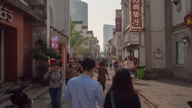 sunny morning changsha city old town famous pedestrian crowded street walking pov panorama timelapse 4k china