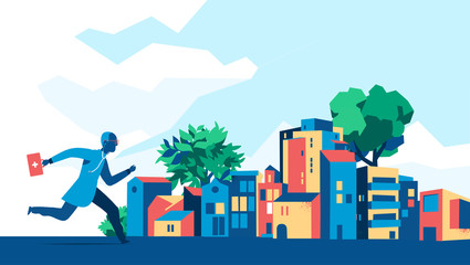 Medico con kit di pronto soccorso, borsa rossa e stetoscopio corre in città. Illustrazione vettoriale © Hurca!