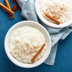 Rice pudding. French milk rice dessert. Healthy Vegan diet. Top view, close up, macro