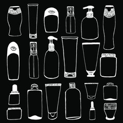  Vector illustration. Large set of containers / jars for cosmetics on a black isolated background.