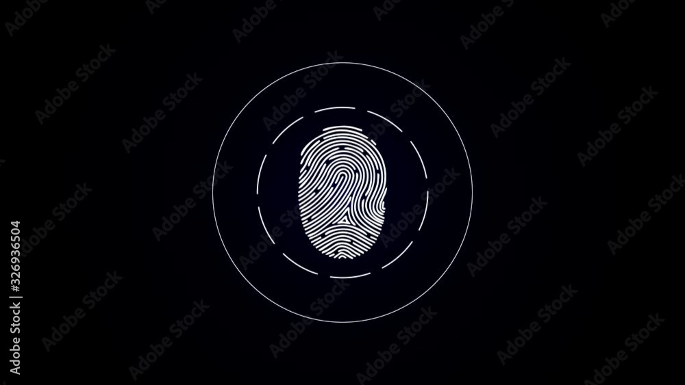 Poster abstract white fingerprint scan surrounded by spreading circles on black background. animation. pers