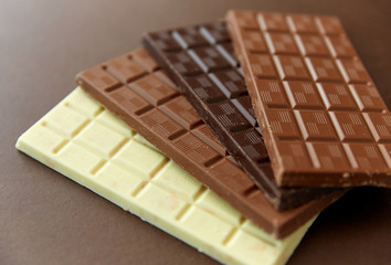 sweets, confectionery and food concept - milk, dark and white chocolate bars on brown background