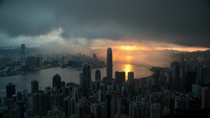 Sunset cityscape. Panorama of Hong Kong city and river landscape during dusk. China