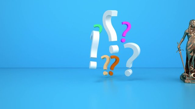 A 4k video of the lady justice statue with colored paragraphs.