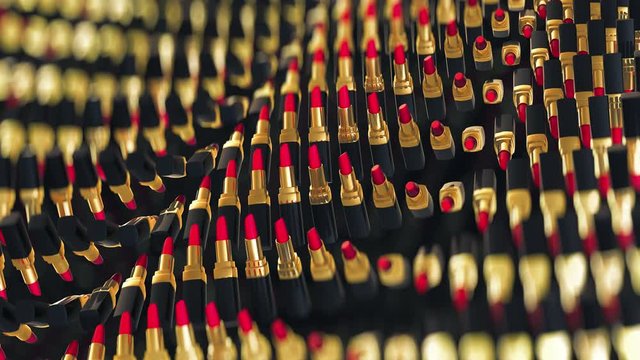Red gold defocused lipsticks moves in rows in hypnosis surreal spinning wave dance. Fashion, glamorous magazines, sexy women, passion kisses are concentrated in this background. Infinite loop
