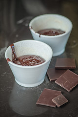 Dessert lava cake cooking in glass bowl with chocolate