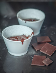 Dessert lava cake cooking in glass bowl with chocolate