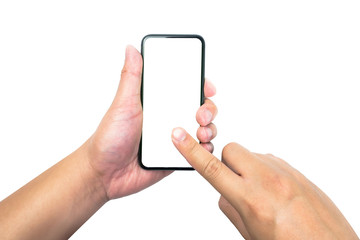 men hand holding and touching blank screen smartphone isolated on white background with clipping path