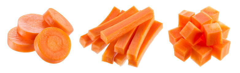 Carrot isolate. Carrots on white background. Carrot slice, sticks, cubes.