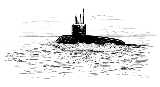 Seascape With A Submarine. Hand-drawn Vector Sketch.