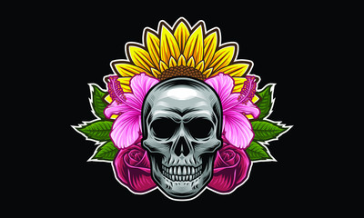 Skull with flowers and leaves vector illustration isolated on black background
