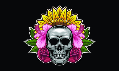 Skull with flowers and leaves vector illustration isolated on black background