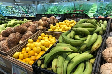Assorted fruits, rootcrops and vegetables in a local market.