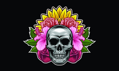 Skull with flowers and leaves vector illustration isolated on black background