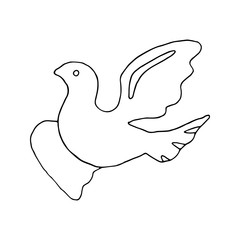 Linear doodle drawing of a flying bird spreading wings pigeon of peace. Isolated on a white background. Outline.