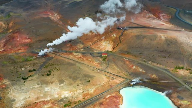 Aerial view of hot Blue Lake in Myvatn Geothermal Area, Iceland.