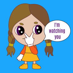 emoticon expressing watching you gesture with fingers pointing to eyes, funny cartoon character with simplistic facial expression, hand drawn girl chibi emoji