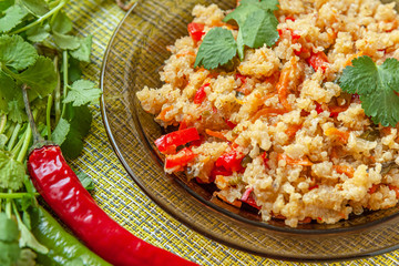 home cooked quinoa with vegetables, hot chili peppers and cilantro