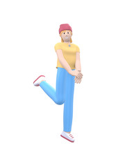 Young cheerful hipster girl in a hat dances, jumps, levitates and flies. Positive character in casual colored clothes isolated on a white background. Funny, abstract cartoon people. 3D rendering.