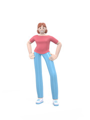 Young happy girl posing in a free pose. Positive character in casual colored clothes isolated on a white background. Funny, abstract cartoon man. 3D rendering.