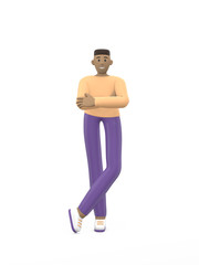 Young cheerful african guy stands arms on his chest. Positive character in casual colored clothes isolated on a white background. Funny, abstract cartoon man. 3D rendering.