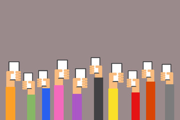 Group of people's hands holding phones and rising them up with Multicolor shirt