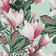 Magnolia seamless pattern. Watercolor illustration.