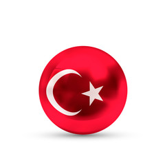 Turkey flag projected as a glossy sphere on a white background