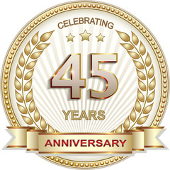 45 years anniversary vector golden design background for celebration, congratulation and birthday card, logo