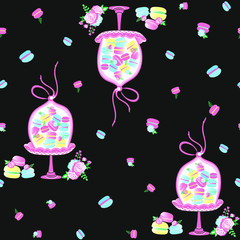 Cakes seamless pattern. Macaroons. Fine tasty sweets treats. Vector template for printing on textiles, paper, packaging, wallpaper.