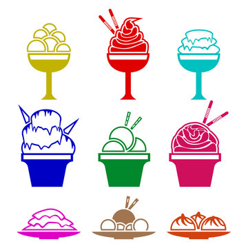 A set of nine images of ice cream. Creative art. Images for different restaurants and other establishments.
